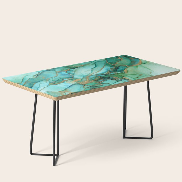 Emerald Gold Waves Abstract Ink Coffee Table Gallery Image 1