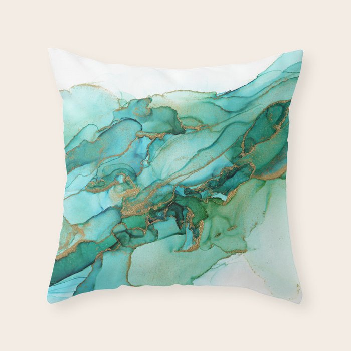 Emerald Gold Waves Abstract Ink Throw Pillow Gallery Image 6