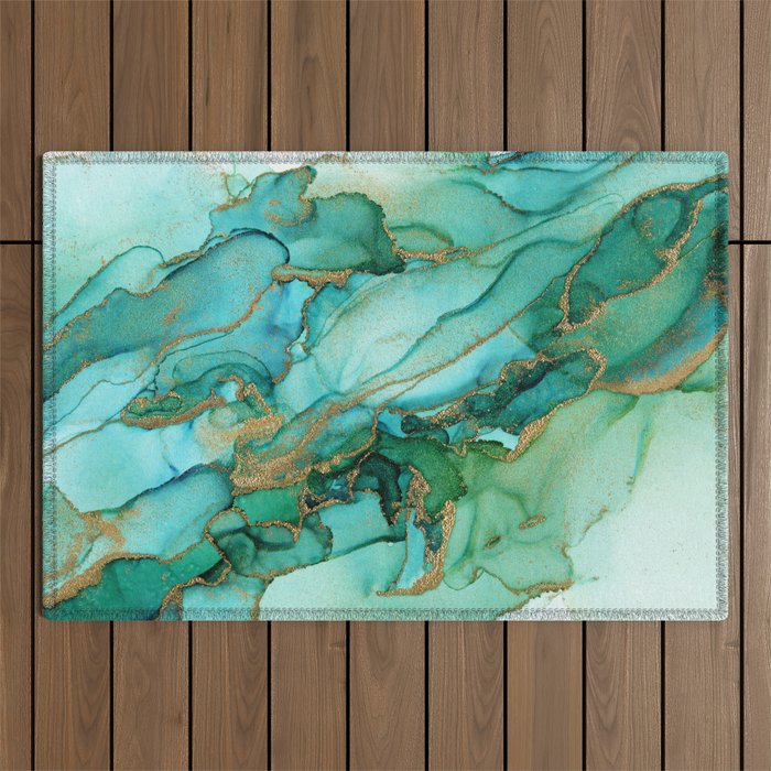 Emerald Gold Waves Abstract Ink Outdoor Rug Gallery Image 1