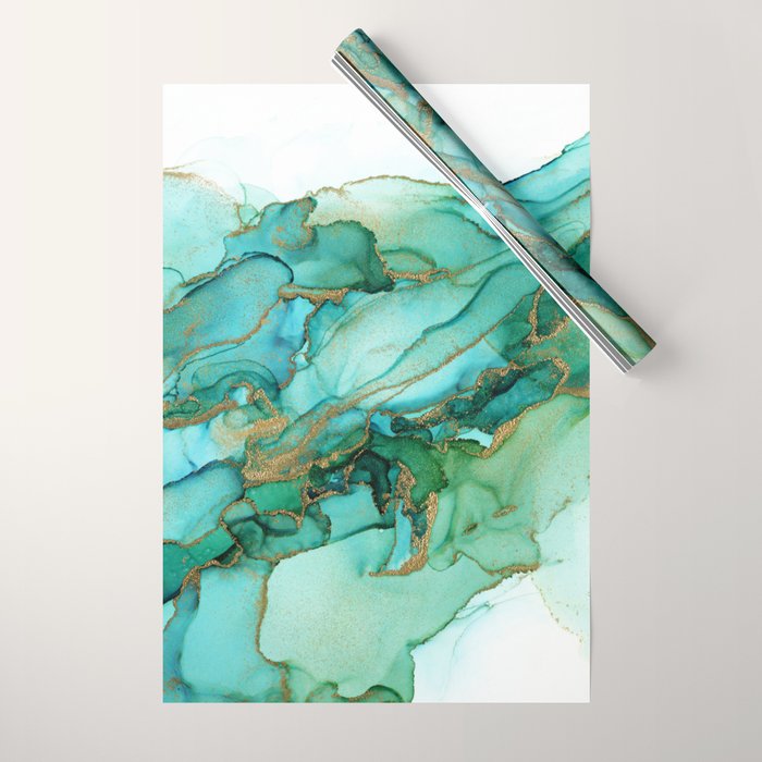 Emerald Gold Waves Abstract Ink Wrapping Paper Gallery Image 1