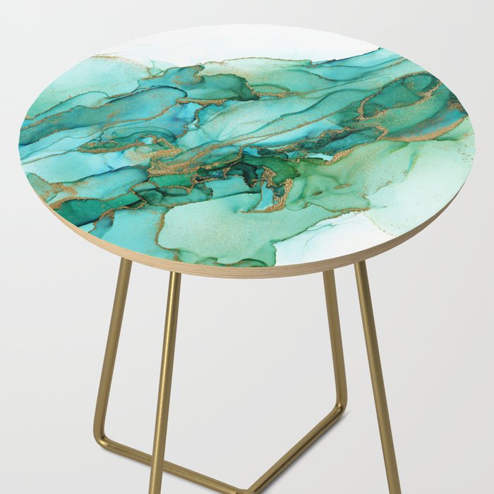 Emerald Gold Waves Abstract Ink Side Table Gallery Image 2