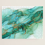 Emerald Gold Waves Abstract Ink Jigsaw Puzzle Gallery Image 1