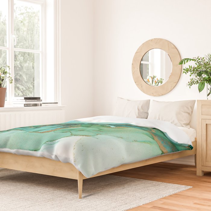 Emerald Gold Waves Abstract Ink Duvet Cover Gallery Image 2