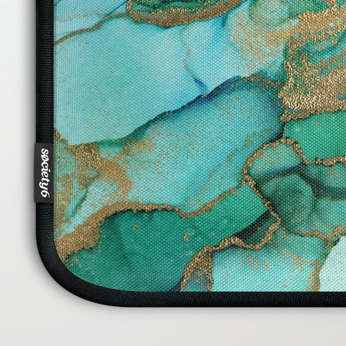 Emerald Gold Waves Abstract Ink Laptop Sleeve Gallery Image 3