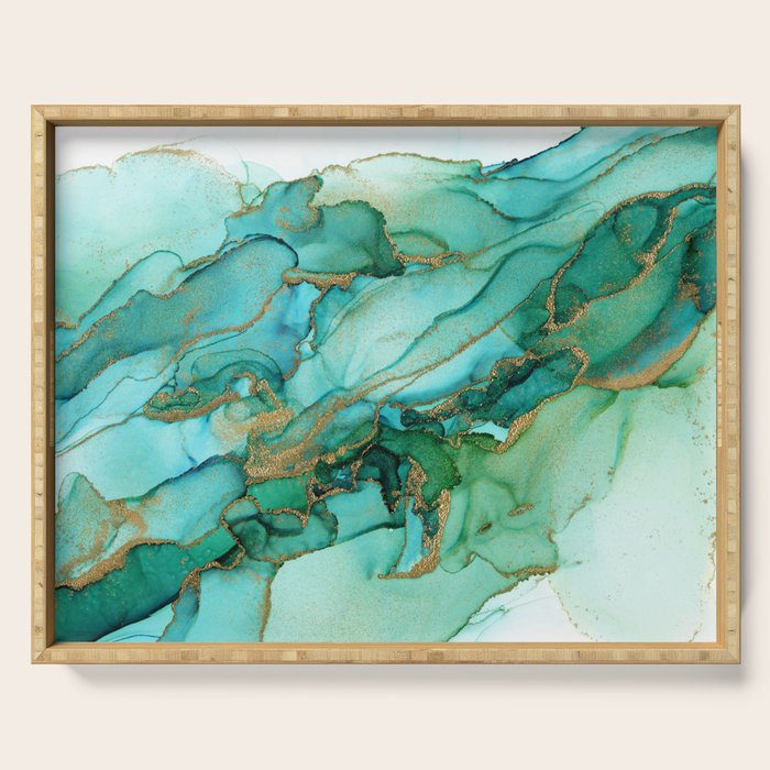 Emerald Gold Waves Abstract Ink Serving Tray Gallery Image 1