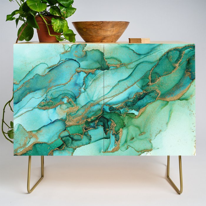 Emerald Gold Waves Abstract Ink Credenza Gallery Image 1