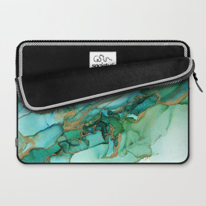 Emerald Gold Waves Abstract Ink Laptop Sleeve Gallery Image 2
