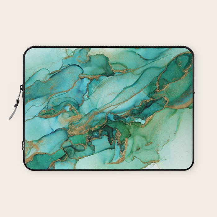 Emerald Gold Waves Abstract Ink Laptop Sleeve Gallery Image 1