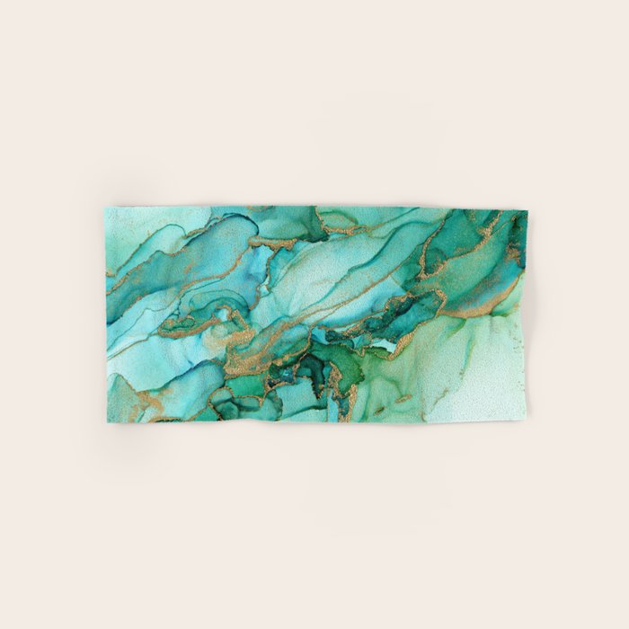 Emerald Gold Waves Abstract Ink Bath Towel Gallery Image 1