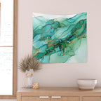Emerald Gold Waves Abstract Ink Wall Tapestry Gallery Image 2