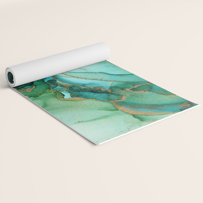 Emerald Gold Waves Abstract Ink Yoga Mat Gallery Image 2