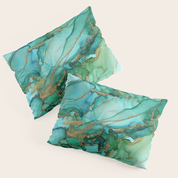 Emerald Gold Waves Abstract Ink Pillow Sham Gallery Image 1