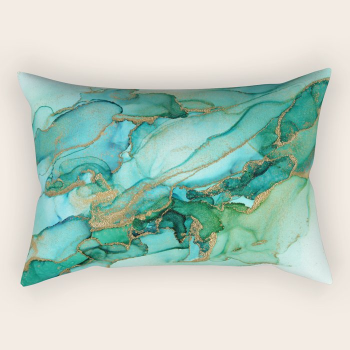 Emerald Gold Waves Abstract Ink Rectangular Pillow Gallery Image 2