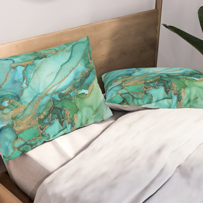 Emerald Gold Waves Abstract Ink Pillow Sham Gallery Image 2