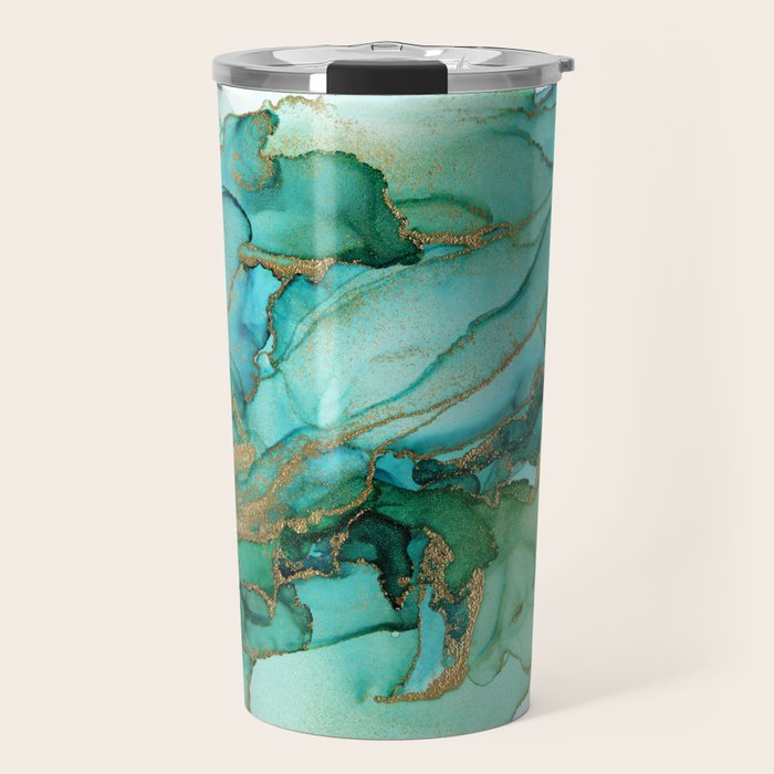 Emerald Gold Waves Abstract Ink Travel Mug Gallery Image 1