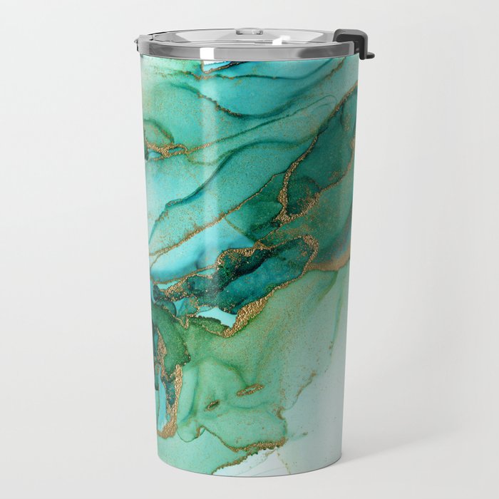 Emerald Gold Waves Abstract Ink Travel Mug Gallery Image 2