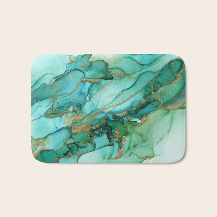 Emerald Gold Waves Abstract Ink Bath Mat Gallery Image 1