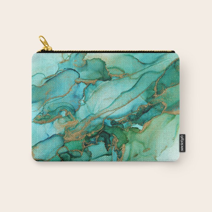 Emerald Gold Waves Abstract Ink Carry All Pouch Gallery Image 1
