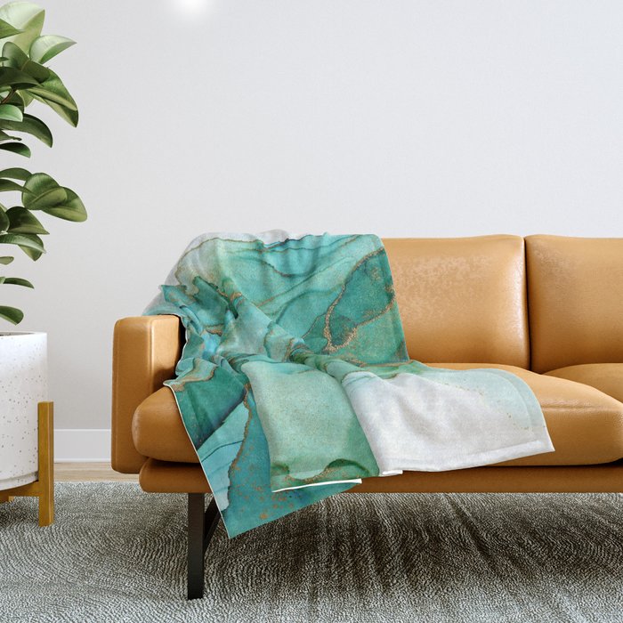 Emerald Gold Waves Abstract Ink Throw Blanket Gallery Image 1