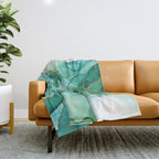 Emerald Gold Waves Abstract Ink Throw Blanket Gallery Image 1
