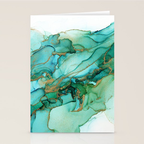 Emerald Gold Waves Abstract Ink Stationery Card Gallery Image 2
