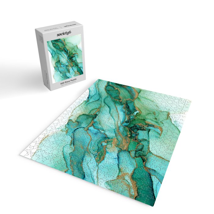 Emerald Gold Waves Abstract Ink Jigsaw Puzzle Gallery Image 2