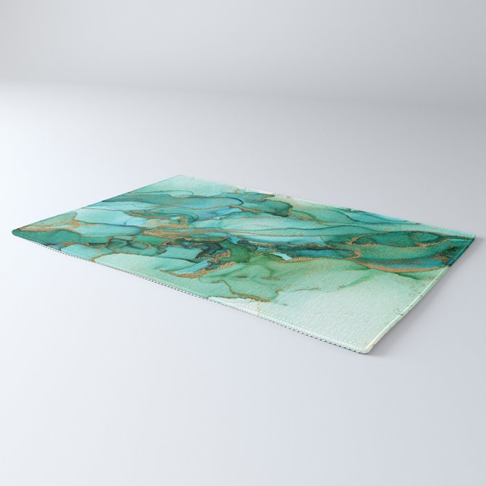 Emerald Gold Waves Abstract Ink Rug Gallery Image 3