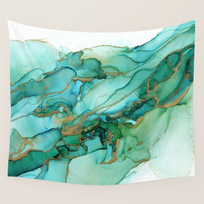 Emerald Gold Waves Abstract Ink Wall Tapestry Gallery Image 4
