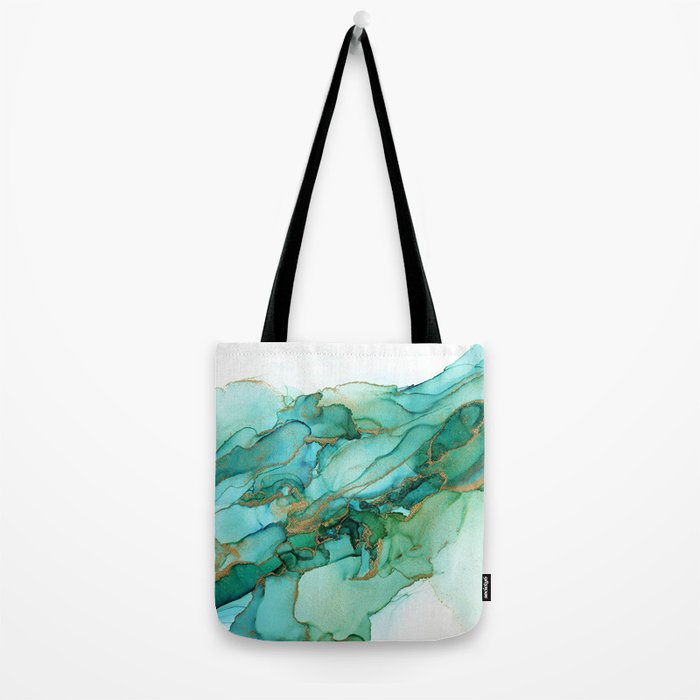 Emerald Gold Waves Abstract Ink Tote Bag Gallery Image 2