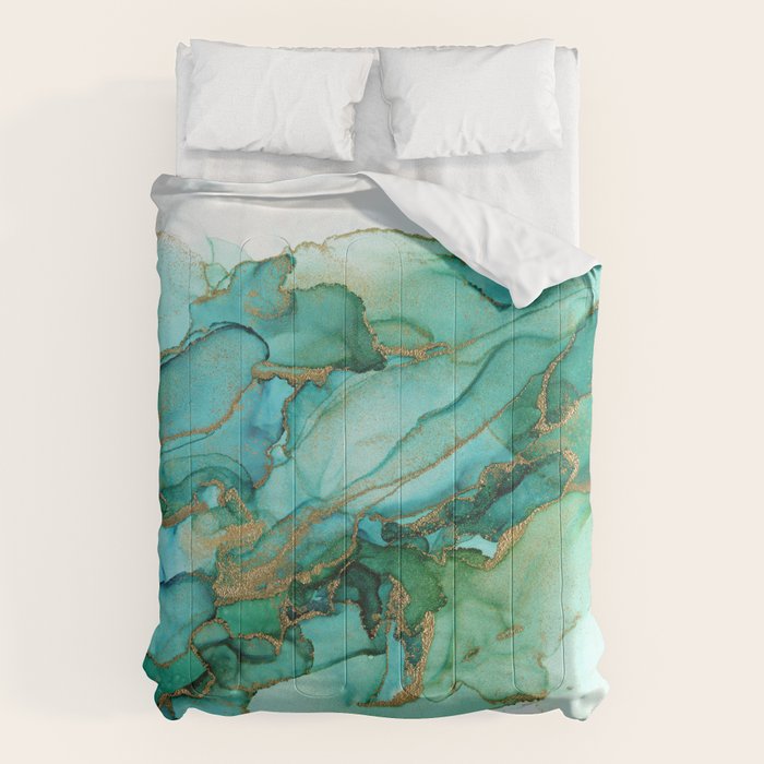 Emerald Gold Waves Abstract Ink Comforter Gallery Image 6