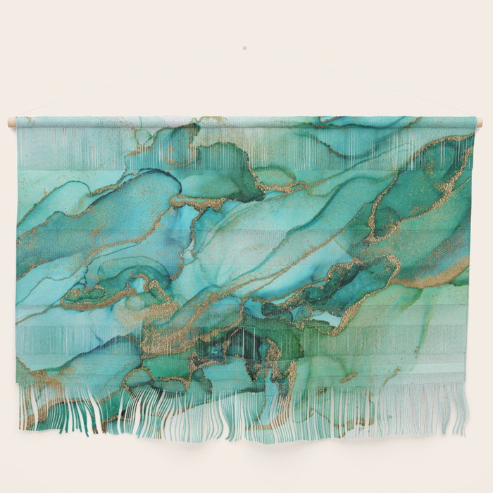 Emerald Gold Waves Abstract Ink Wall Hanging Gallery Image 1