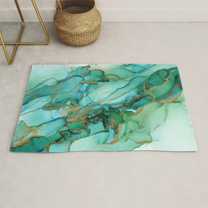 Emerald Gold Waves Abstract Ink Rug Gallery Image 1