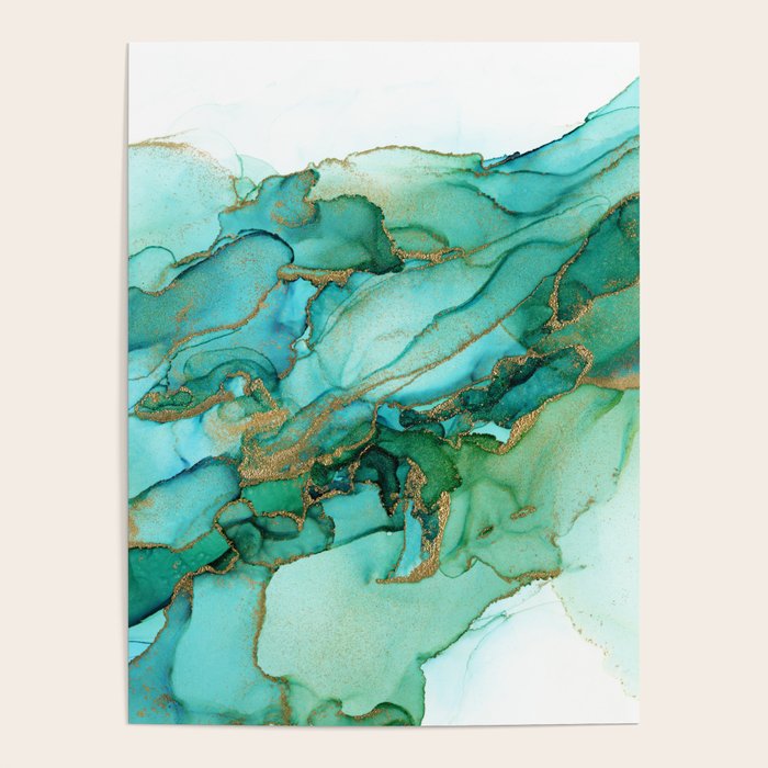Emerald Gold Waves Abstract Ink Poster Gallery Image 4