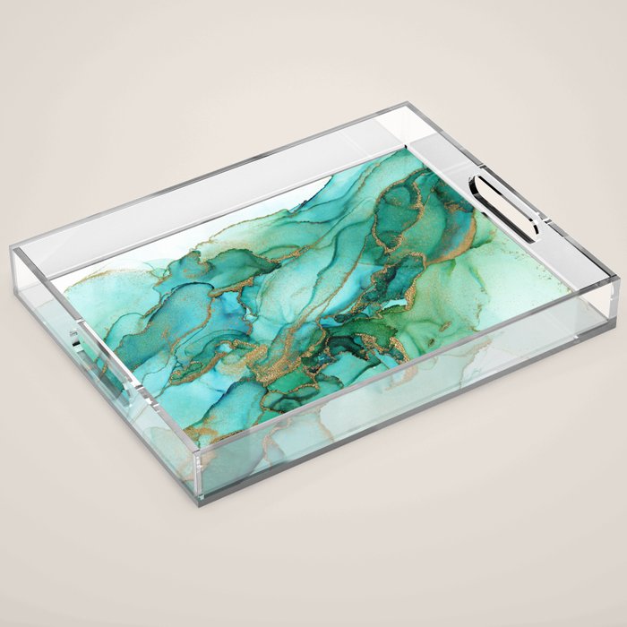 Emerald Gold Waves Abstract Ink Acrylic Tray Gallery Image 1