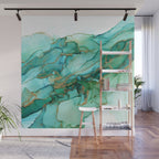 Emerald Gold Waves Abstract Ink Wall Mural Gallery Image 1