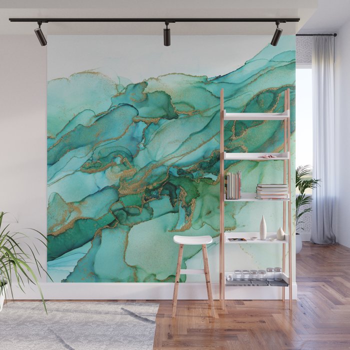 Emerald Gold Waves Abstract Ink Wall Mural Gallery Image 1