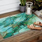 Emerald Gold Waves Abstract Ink Outdoor Rug Gallery Image 2