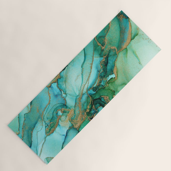 Emerald Gold Waves Abstract Ink Yoga Mat Gallery Image 1
