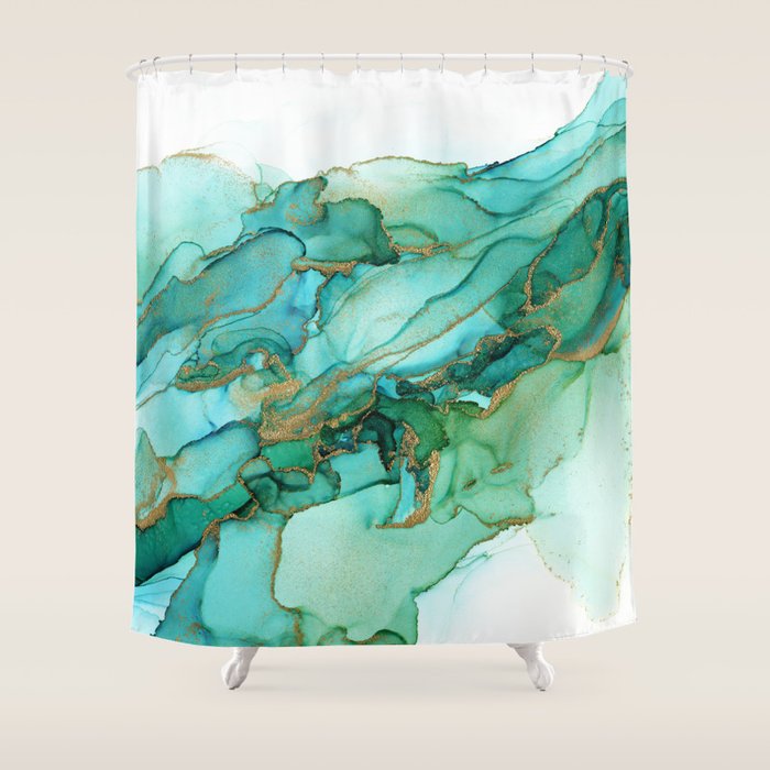 Emerald Gold Waves Abstract Ink Shower Curtain Gallery Image 1