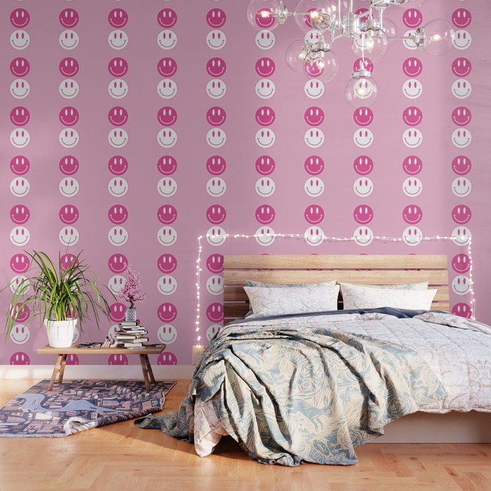 Large Pink and White Smiley Face - Preppy Aesthetic Decor Wallpaper Gallery Image 3