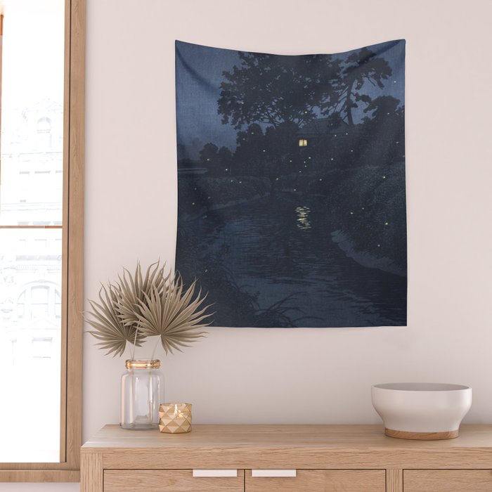 Fireflies Near Minumagawa River - Vintage Japanese Woodblock Print Art By Kawase Hasui Wall Tapestry Gallery Image 2