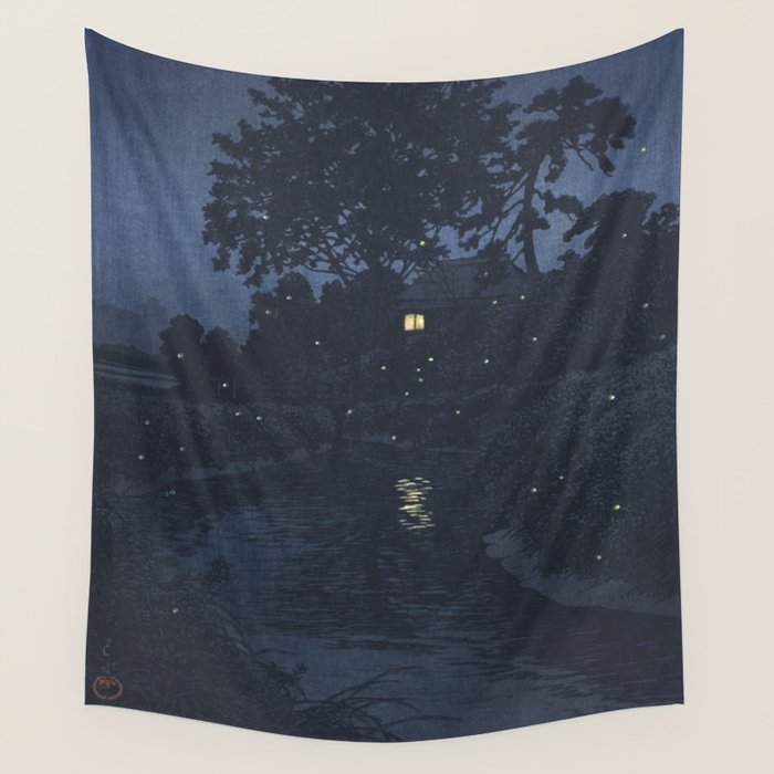 Fireflies Near Minumagawa River - Vintage Japanese Woodblock Print Art By Kawase Hasui Wall Tapestry Gallery Image 1