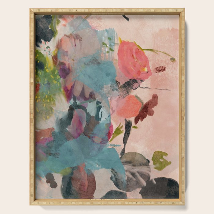 pink summer roses 3 triptych abstract Serving Tray Gallery Image 1