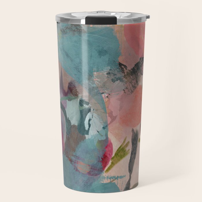 pink summer roses 3 triptych abstract Travel Mug Gallery Image 1