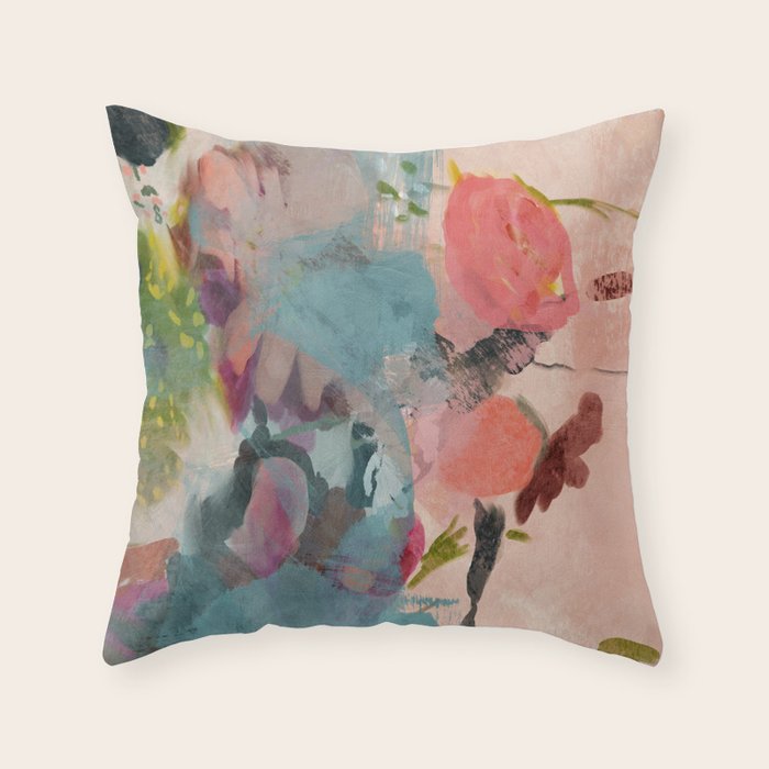 pink summer roses 3 triptych abstract Throw Pillow Gallery Image 1