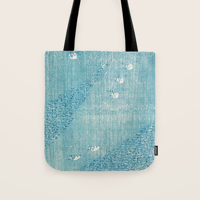 Japanese Swans Vintage Illustration by Taguchi Tomoki 1860-1896 Peaceful Blue Tranquil Minimalist Tote Bag Gallery Image 1