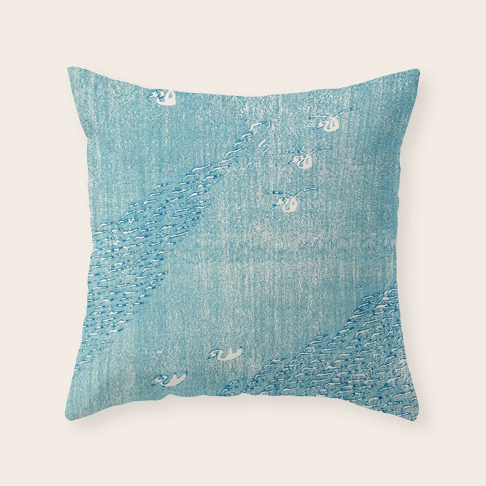 Japanese Swans Vintage Illustration by Taguchi Tomoki 1860-1896 Peaceful Blue Tranquil Minimalist Throw Pillow Gallery Image 6