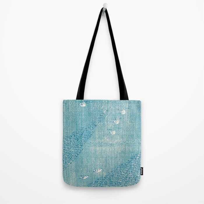 Japanese Swans Vintage Illustration by Taguchi Tomoki 1860-1896 Peaceful Blue Tranquil Minimalist Tote Bag Gallery Image 2