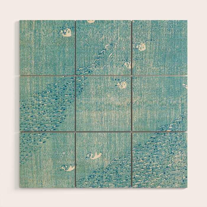 Japanese Swans Vintage Illustration by Taguchi Tomoki 1860-1896 Peaceful Blue Tranquil Minimalist Wood Wall Art Gallery Image 1