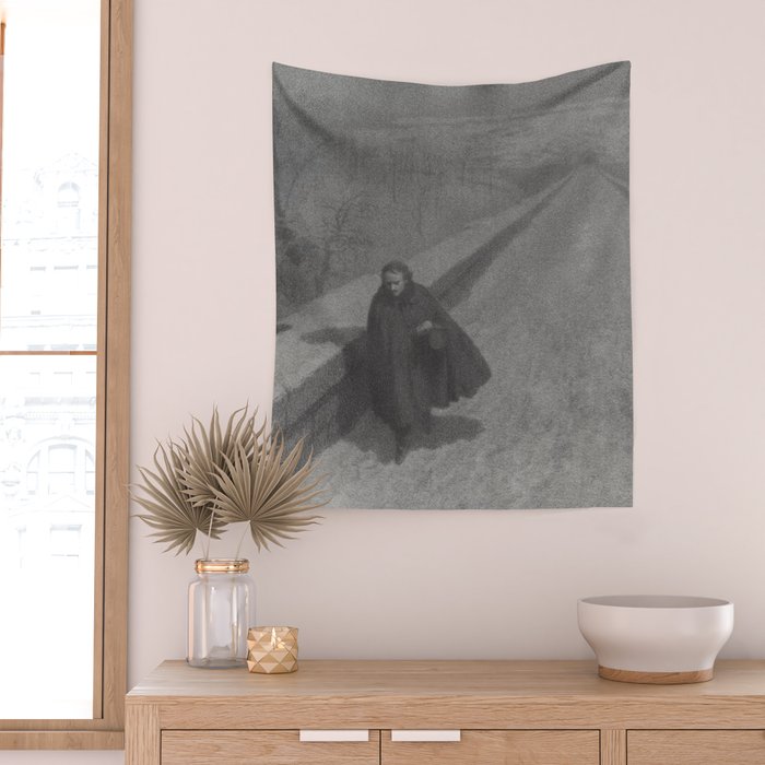 Edgar Allan Poe Walking the Bronx's High Bridge black and white lithograph  Wall Tapestry Gallery Image 2